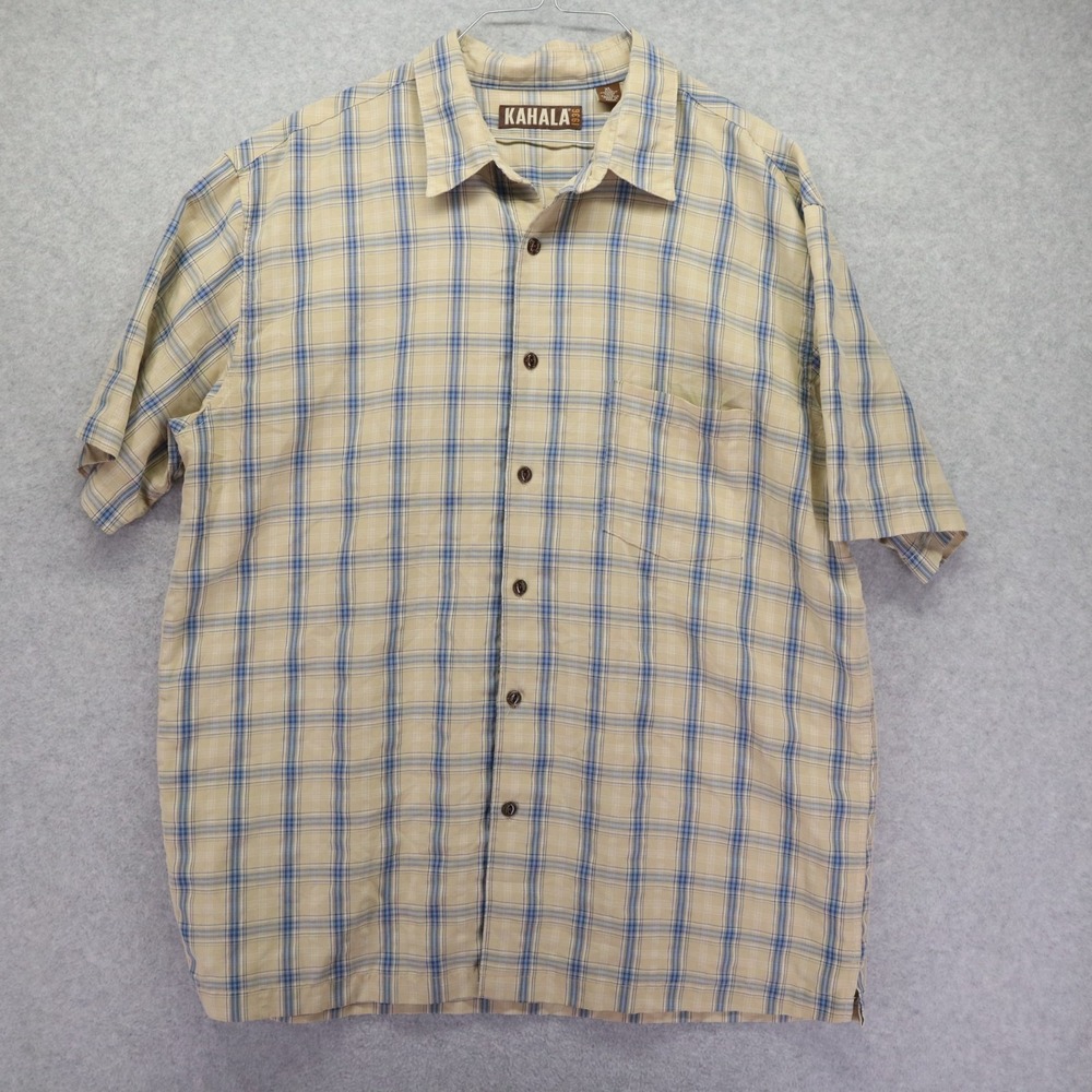 Kahala Shirt Mens XL Casual Pocket Button Up Beige Plaid‎ Short Sleeve